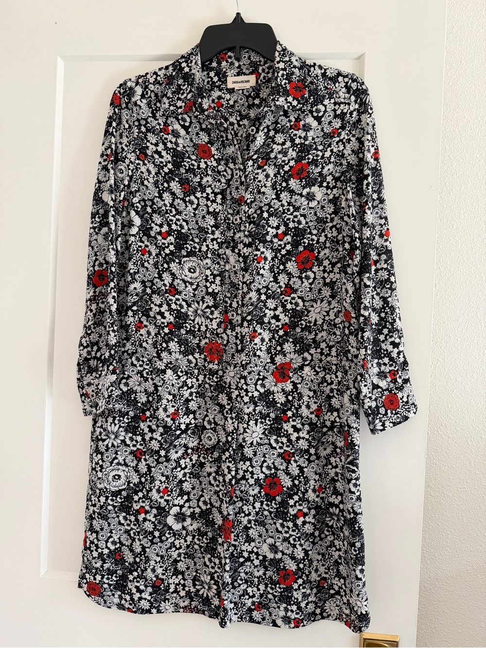 Zadig & Voltaire Black and White Floral Long-Sleeve Shirt Dress with Red Flowers